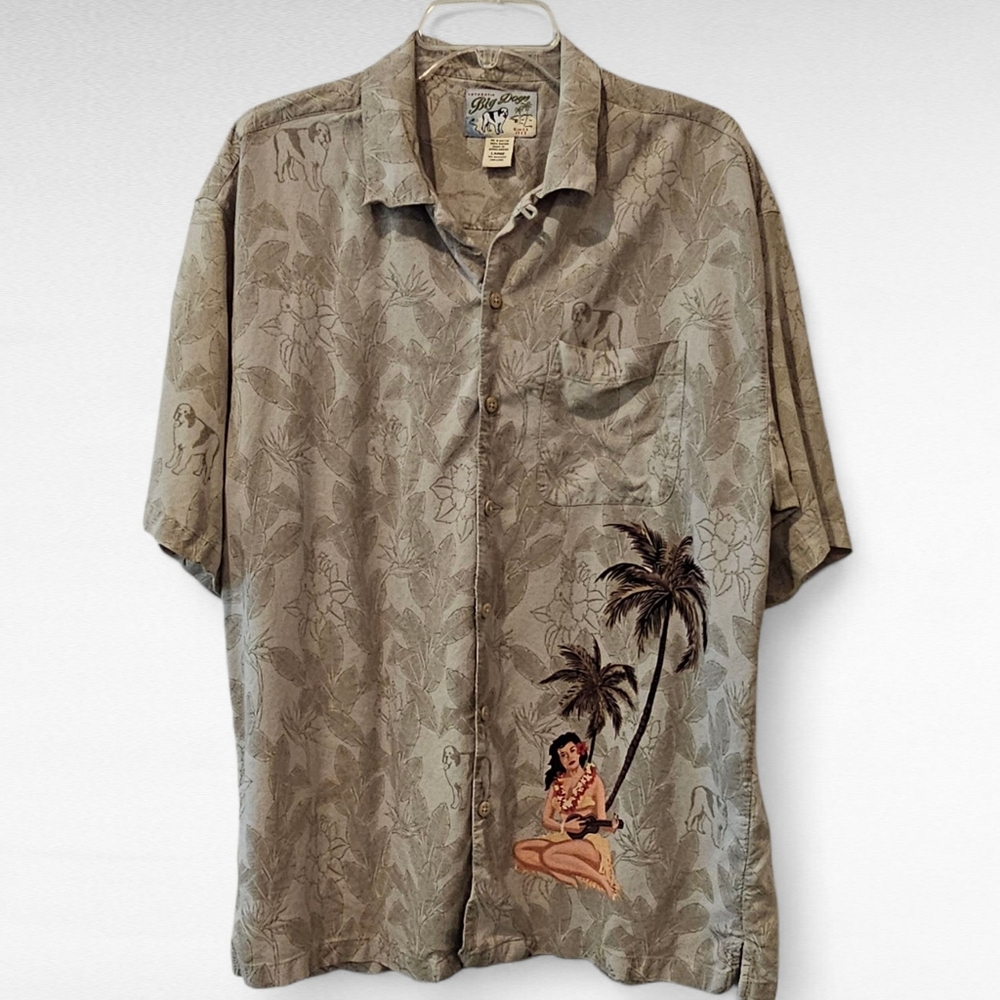 Big Dogs Hawaiian Hula Girl Sage Green Short Sleeve Button Up Shirt Size Large